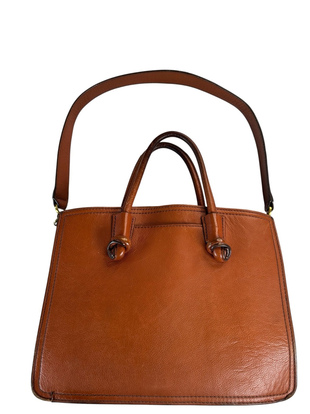 Fossil Cognac Brown Leather Satchel Top Handle Shoulder Bag Structured Classic